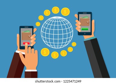 Money transfer using mobile device, smart phone with banking payment app. Internet banking, contactless payment, financial transactions around the world. Vector stock illustration.