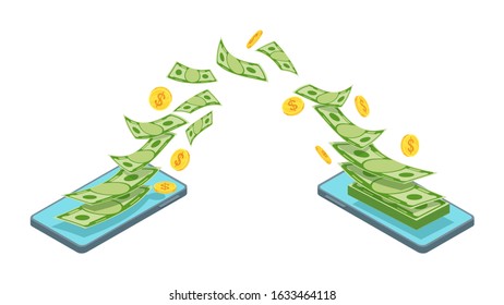 Money transfer using mobile device, computer and smart phone with banking payment app. Internet banking, contactless payment, financial transactions around the world. Flat vector concept.