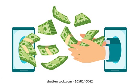 Money transfer using mobile device, computer and smart phone with banking payment app. Internet banking, contactless payment, financial transactions around the world. Flat vector concept.