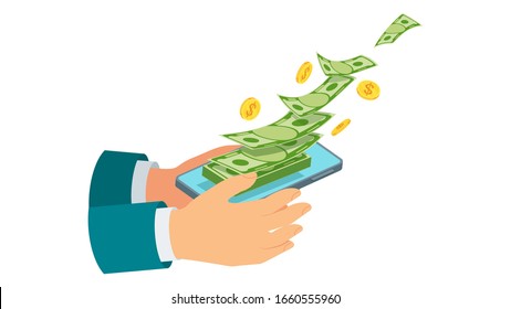 Money transfer using mobile device, computer and smart phone with banking payment app. Internet banking, contactless payment, financial transactions around the world. Flat vector concept.