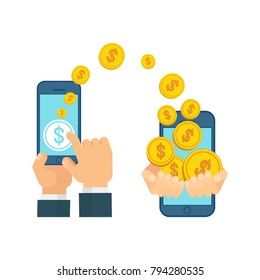 Money transfer using mobile device, smart phone with banking payment app. Internet banking, contactless payment, financial transactions around the world. Flat vector concept on white background.