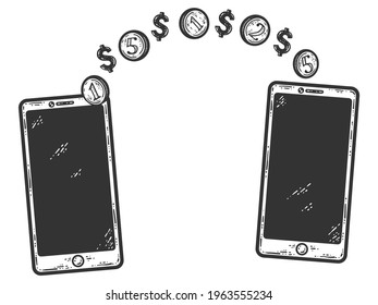 Money transfer, using a mobile phone. Sketch scratch board imitation. Black and white.
