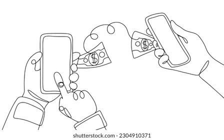 Money transfer using mobile phone.International Day of Family Remittances. One line drawing for different uses. Vector illustration.