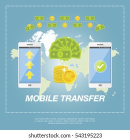 Money transfer vector concept. Sending gold coins and banknote from smart phone on smart phone on the background of the world map. Illustration in flat style.