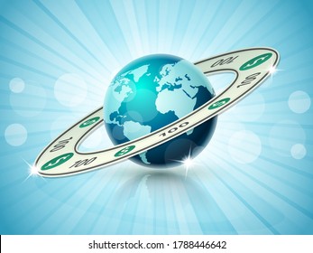 Money transfer vector illustration. Currency exchange or forex trading concept with the Earth globe and US dollars on blue background. 