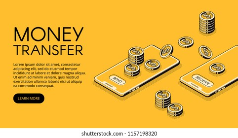 Money Transfer Vector Illustration Of Online Banking In Mobile Phone Application. Isometric Black Thin Line Design Of Send And Receive Smartphone Transaction Technology On Yellow Halftone Background