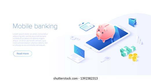 Money transfer via cellphone in isometric vector design. Digital payment or online cashback service. Mobile banking transaction concept. Withdraw deposit with smartphone.