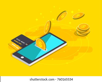 Transferencia de dinero a través del celular en el diseño vectorial isométrico. Pago digital o servicio de reembolso en línea. Concepto de transacción bancaria móvil. Retira dinero con smartphone.