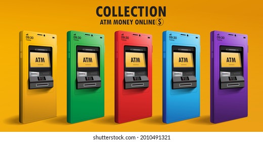 Money transfer via cellphone in vector design. Digital payment or online cashback service. Collection ATM MONEY Online