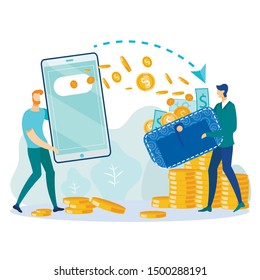 Money Transfer via Digital Wallet. Online Payment Application and Electronic Banking. Cartoon Man Sending Coins Guy with Purse. E-Bank Transactions and Financial Operations. Vector Flat Illustration