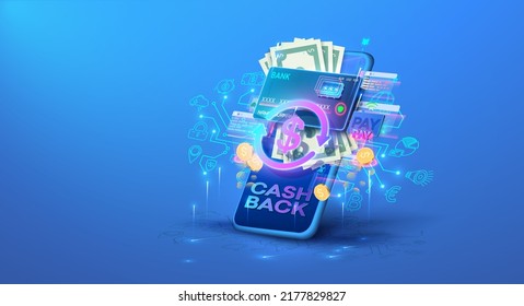 Money transfer via mobile banking on app phone. Wallet, dollar bill and coin, online payment. Exchange of funds by bank cards. Cash back concept with money and arrows. Illustration cash back service.