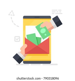 Money transfer via mobile device, hand puts money in an envelope, Receiving and sending money flat vector illustration