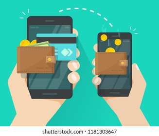 Money Transfer Via Mobile Phone Vector Illustration, Flat Cartoon Person Hands Via Smartphones With Cash Wallets, Coins And Credit Cards Transferring Money Wireless, Cellphone Transaction