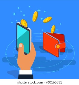 Money Transfer From Wallet Into Cellphone In Isometric Vector Design. Digital Payment Or Online Cashback Service. Mobile Banking Transaction Cocnept. Withdraw Money With Smartphone.