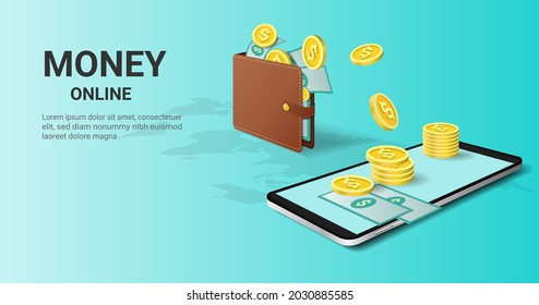 Money Transfer From Wallet Into  Mobile Phone. Money Online. Mobile Banking, ATM, Financial Savings, Online Payment, Online Cashback, Capital Flow, Making Money. 3D Perspective Vector Illustration