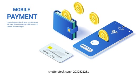 Money transfer from wallet into  mobile phone. Money online. Capital flow, earning or making money. Financial savings, online payment, online cashback, Isometric vector design illustration. Blue