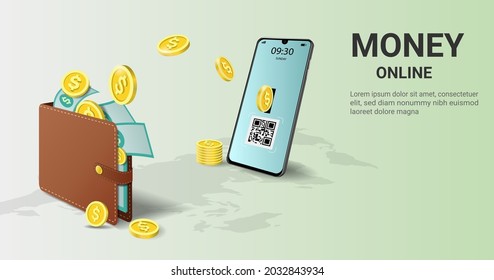 Money Transfer From Wallet Into  Mobile Phone. Money Online. Capital Flow, Earning Or Making Money. Financial Savings, Online Payment, Online Cashback, 3D Vector Design Illustration