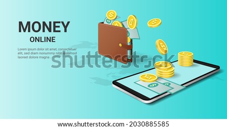 Money transfer from wallet into  mobile phone. Money online. Mobile banking, ATM, Financial savings, online payment, online cashback, Capital flow, Making money. 3D Perspective Vector illustration