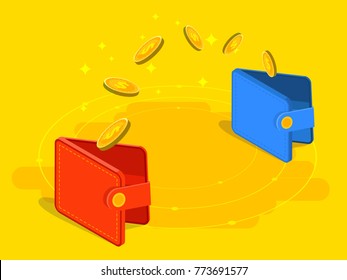 Money transfer from and to wallet in isometric vector design. Capital flow, earning or making money. Financial savings or economy concept.