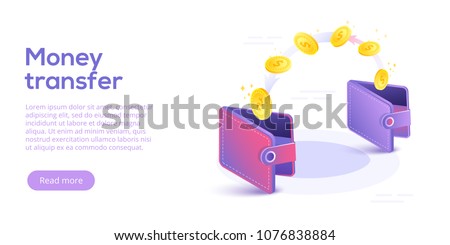 Money transfer from and to wallet in isometric vector design. Capital flow, earning or making money. Financial savings or economy concept.