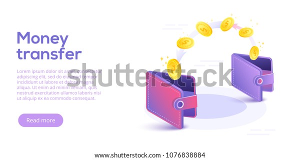 Money transfer from and to wallet in isometric\
vector design. Capital flow, earning or making money. Financial\
savings or economy\
concept.