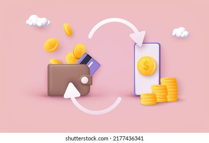 Money transfer with wallet and smartphone. Online payment concept. 3D Web Vector Illustrations.