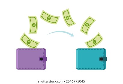 Money transfer from and to wallet vector design. Capital flow, earning or making money. Financial savings or economy concept.