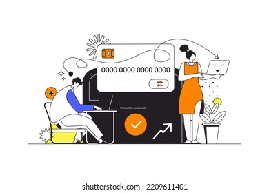 Money transfer web concept in flat outline design with characters. Woman and man customers paying for purchases in online service at website using credit card, people scene. Vector illustration.