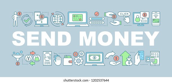 Money transfer word concepts banner. Transaction, payment. Send money. Presentation, website concept. Isolated lettering typography idea with linear icons. Vector outline illustration