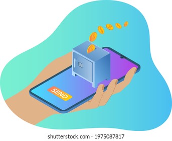 Money transfer.A person sends money using a mobile bank.The concept of fast and secure electronic payments.3d image.Isometric vector illustration.