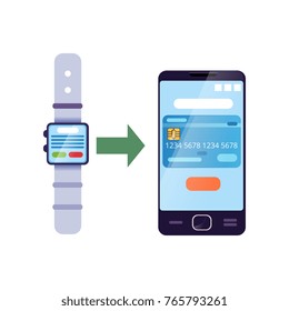 Money transferring by smartwatch to online bank account on smartphone. Banking service concept. Personal financial management application. Modern flat vector isolated on white