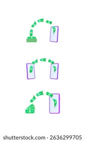 Money transferring in cartoon style. Digital transaction concept with mobile phone. Online wallet icon for instant sending currency and cash.