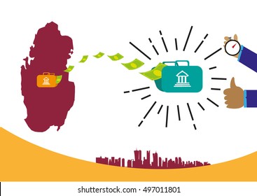 Money transferring from Qatar to recipient abroad received or employee salary is sent successfully via bank wires concept. Editable Clip Art.