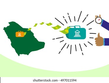 Money transferring from Saudi Arabia to recipient abroad or employee salary is sent successfully via bank wires concept. Editable Clip Art.