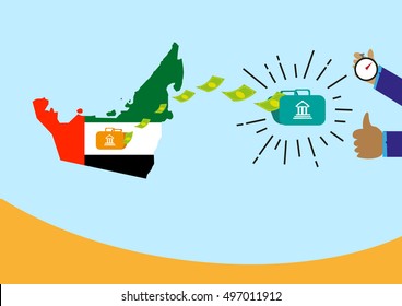Money transferring from UAE to recipient abroad received or employee salary is sent successfully via bank wires concept. Editable Clip Art.