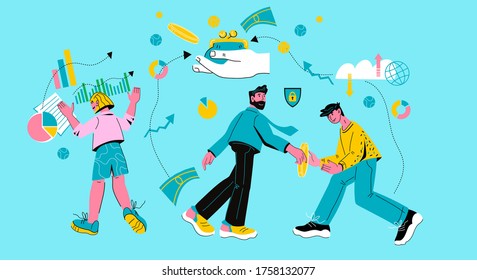 Money transfers and online secure transaction banner with tiny people making electronic payments and tracking the process of moving money. Cartoon vector illustration.