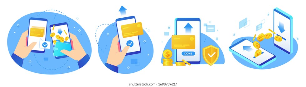 Money Transfers. Online Shopping, Digital Payments And Hand Handing Phone With Coins Transfer App Vector Illustration Set. Payment Business, Finance Shopping Label Collection