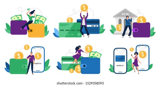 Money transfers. People sent money from wallet to bank card, mobile payments and financial transactions. Work transfer credit card process payment. Flat isolated vector illustration icons set