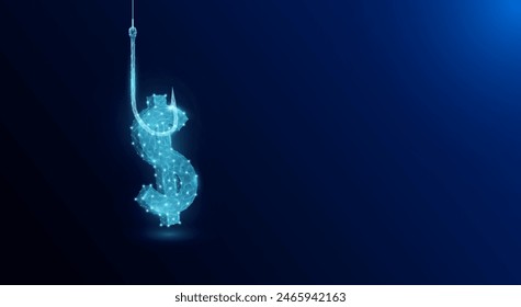 Money trap as bait. Dollar shapes polygon on the fishing hook with copy space for text. Business metaphor. About debt and making unrealistic profits. Investment finance concept. 3D vector.