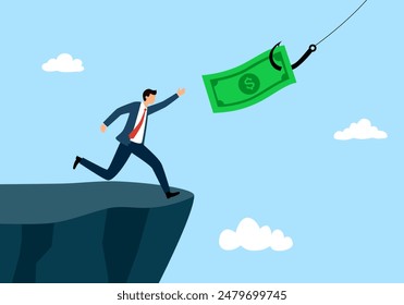 Money trap business concept. Businessman running to catch the money flat style design vector illustration. Greedy financial risk and bad solution.