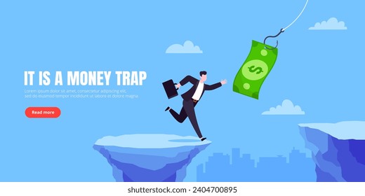 Money trap business concept. Young adult businessman running to catch the money flat style design vector illustration. Metaphor of greedy financial risk and bad solutions.