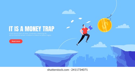 Money trap business concept. Young adult businessman running to catch the money flat style design vector illustration. Metaphor of greedy financial risk and bad solutions.