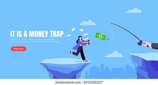 Money trap business concept. Young adult businesswoman running to catch the money flat style design vector illustration. Metaphor of greedy financial risk and bad solutions.
