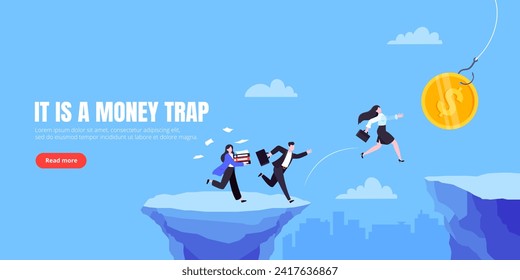 Money trap business concept. Young adult businesswoman running to catch the money flat style design vector illustration. Metaphor of greedy financial risk and bad solutions.