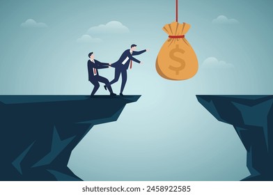 Money trap and business risks, insurance concept. Vector of greedy businessman running to the bait, another man trying stop him.