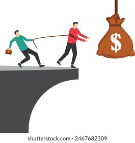 Money trap and business risks, insurance concept. Vector of greedy businessman running to the bait, another man trying stop him.

