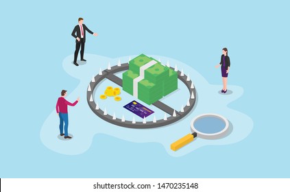 money trap concept with bait and businessman analysis with cash money and credit card with isometric modern style - vector