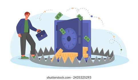 Money trap concept. Man with briefcse near safe with golden coins. Investor and trader. Entrepreneur and businessman near mousetrap. Cartoon flat vector illustration isolated on white background