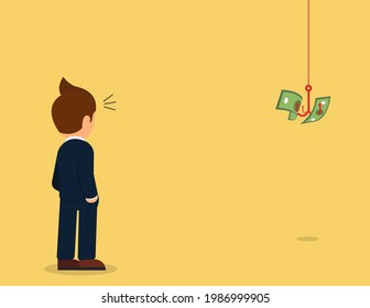 Money trap or finance risks business concept. businessman look at dollar banknote on the hook