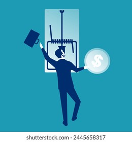 Money trap. Mousetrap with dollar. Businessman trapped. Greedy human is caught. Vector illustration flat design. Isolated on white background. Financial bait.